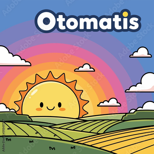 Cute cartoon smiling sun character rising over vibrant farmland fields with rainbow sky and "Otamatis" text. Happy morning landscape illustration.
