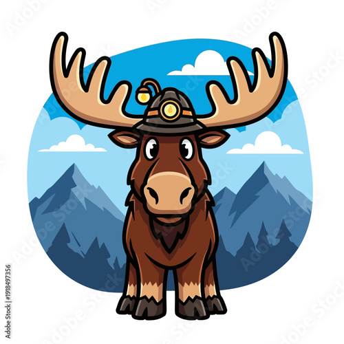 Cute Cartoon Moose Mascot Wearing a Mining Helmet with Headlamp. Vector Illustration of Wildlife Character for Adventure, Alpine, or Exploration Branding.