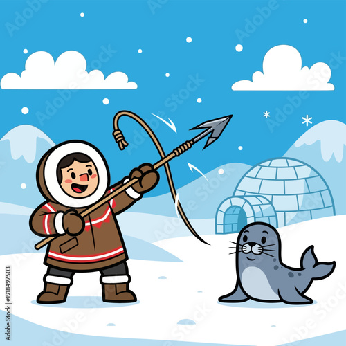 Cartoon Inuit Hunter Targeting a Seal with a Harpoon. Traditional Arctic People, Igloo, and Winter Survival Illustration.