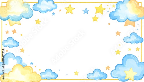 Watercolor clouds and stars form a frame around a white space, yellow border