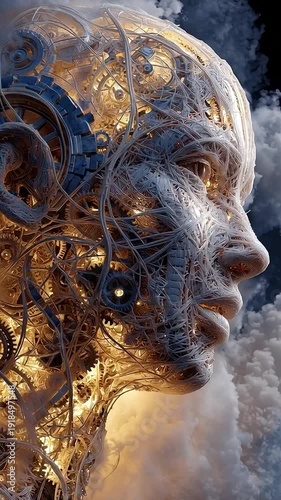 Intricate mechanical human head profile with golden gears wires and glowing circuits emerging from clouds