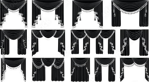 Black theater curtain silhouettes vector illustration set, elegant stage drapery and decoration collection for performance design, opera scenes, event graphics, and classic backgrounds