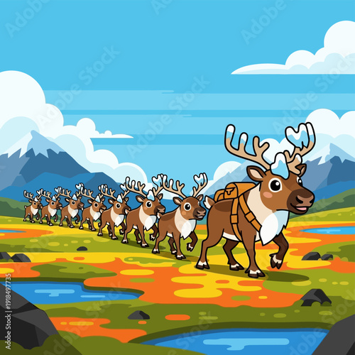 Cartoon Reindeer Herd Trekking Through Vibrant Tundra Landscape. Cute Caribou Line Walking on Autumn Plains with Mountains and Blue Sky.