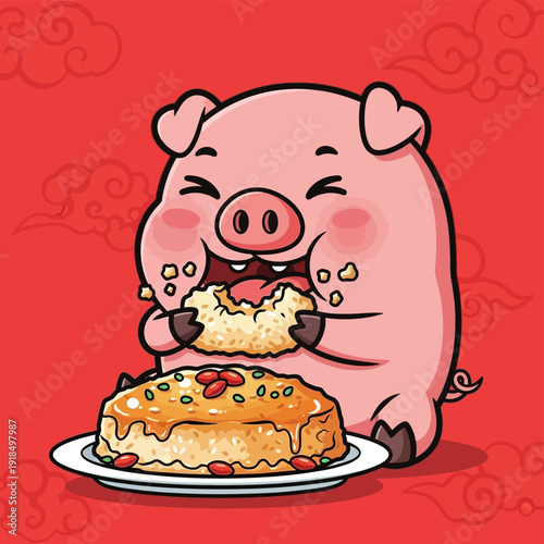 Cute Cartoon Pig Mascot Happily Eating Delicious Traditional Chinese Sticky Rice Cake (Nian Gao) on Auspicious Red Background.