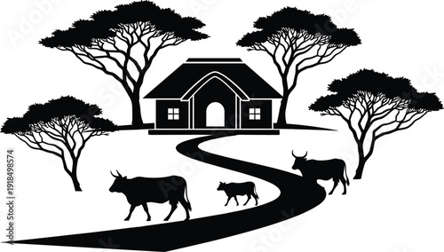 Black vector silhouette illustration of a traditional African mud hut or village home surrounded by acacia trees and zebu cattle walking along a winding path
