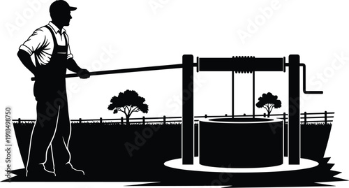 WebBlack vector silhouette of a farmer in overalls and a cap operating a traditional water well with a crank and winch system in a rural fenced field, representing agricultural labor and water access.