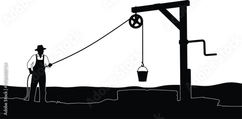 Black vector silhouette of a farmer or rancher drawing water from an old well using a pulley, rope, and bucket, depicting historical manual labor and rural life.