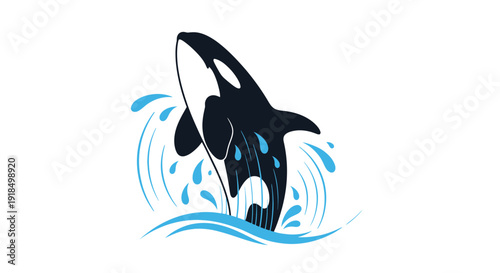 An orca whale jumping out of the ocean with splashing water, viewed from below