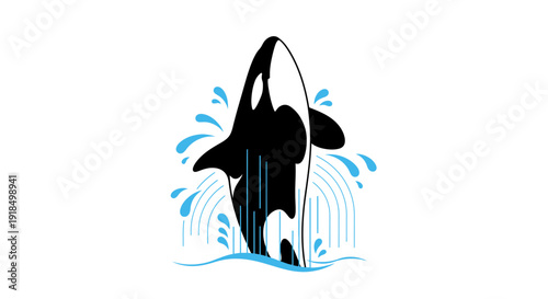 An orca leaps out of the ocean waves in a dynamic illustration from a side viewpoint