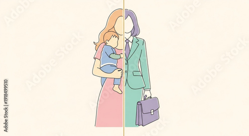 Split personality of a working mother balancing family and career life with a baby and briefcase