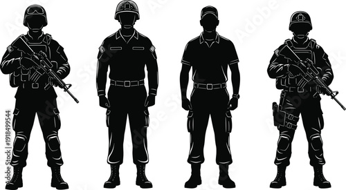 Black vector silhouette set of standing military soldiers and police officers in tactical gear, carrying rifles, symbolizing security, defense, law enforcement, and armed forces protection.