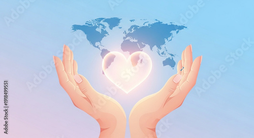 Hands cradling a glowing heart above a world map on a pastel background symbolizing global love and care