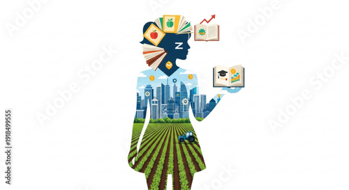 Woman with cityscape and farm landscape integrated into her body holding a tablet with graphics and icons around her head representing technology and nature
