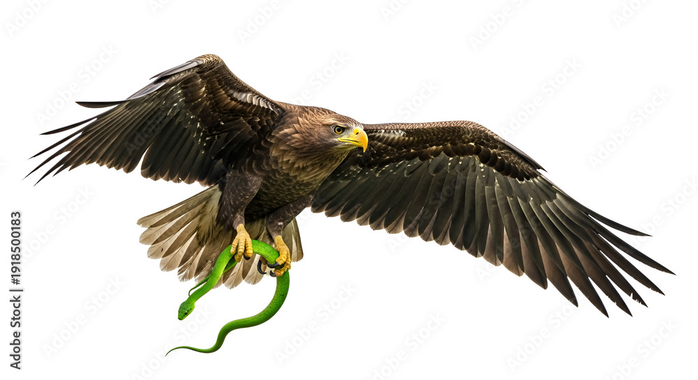 Obraz premium Predatory eagle flying with wide spread wings while gripping a green snake, realistic detail capturing power, tension, and natural hunting instinct in wildlife action.