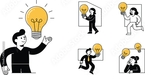 Illustrations of people generating ideas with lightbulbs in various dynamic poses and environments