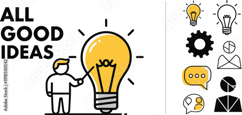 Man Standing Next to Giant Light Bulb with Ideas and Icons Surrounding Him