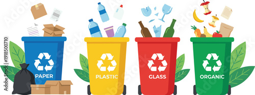 Colorful recycling bins for paper plastic glass and organic waste illustration promoting waste sorting sustainability eco friendly lifestyle environmental education concept awareness design