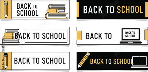 A collection of Back to School themed banners and signs with various illustrations on different backgrounds from a straightforward viewpoint