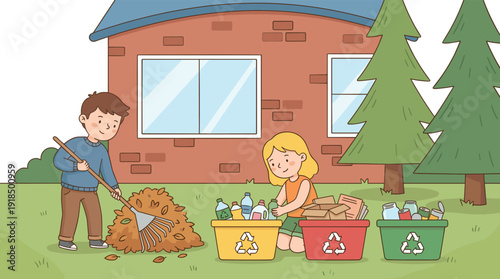 Family recycling at home illustration with children sorting waste into color coded bins during autumn yard cleanup promoting sustainability environmental education lifestyle