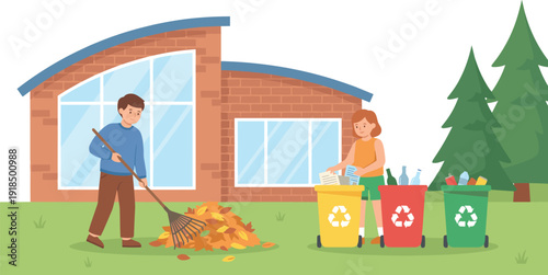 Family recycling at home illustration showing parents sorting waste into color coded bins during autumn yard cleanup promoting sustainability environmental education eco friendly lifestyle