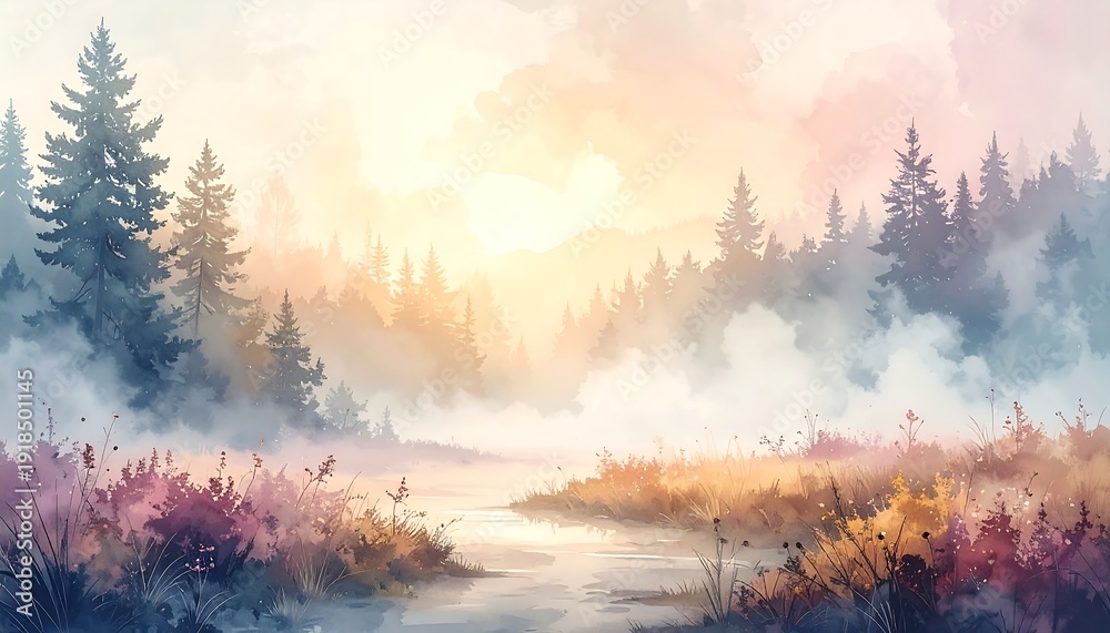 Fototapeta premium Watercolor depiction of a misty forest, sunlight breaking through clouds, illuminating the water