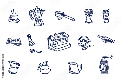 Charming hand-drawn coffee essentials collection, featuring a variety of brewing tools, refreshing beverages, and delightful accessories in a playful doodle style for cafe themes