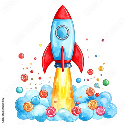 Watercolor depiction of a rocket ship taking off with flames and colorful bubble candies surrounding it