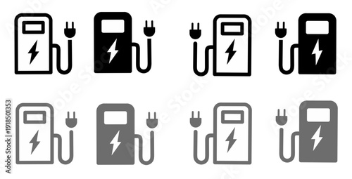 Electric vehicle charging station icon set featuring various styles like outline, solid, and grey gradients for eco-friendly power ui design