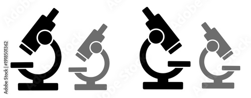 Vector illustration set of laboratory microscope icons in black and grey styles, perfect for science, education, and research design