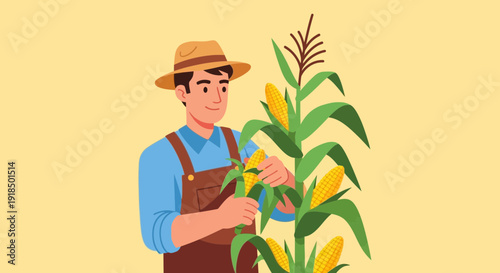 Farmer happily harvesting ripe corn in a vibrant agricultural field during autumn