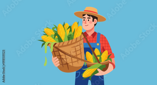 A cheerful farmer carrying a bountiful harvest of corn in baskets, showcasing agricultural abundance.