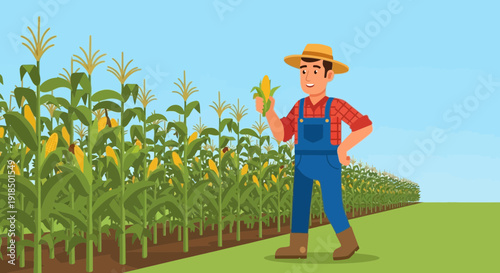 Farmer with a Corn Ear in a Lush Cornfield on a Sunny Day