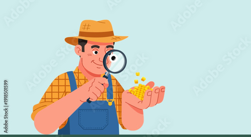 Farmer inspecting corn kernels with a magnifying glass, representing agricultural quality checks