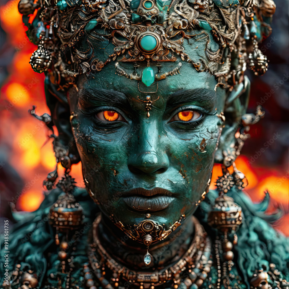 Obraz premium The hero of the gameshooter. Portrait of an emerald demon, on a fiery background. The underworld.