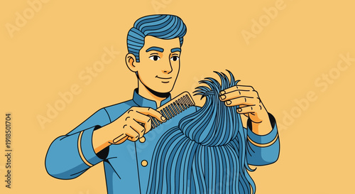 Man with blue hair meticulously combing his long blue hair with a comb, preparing for a stylish cut.