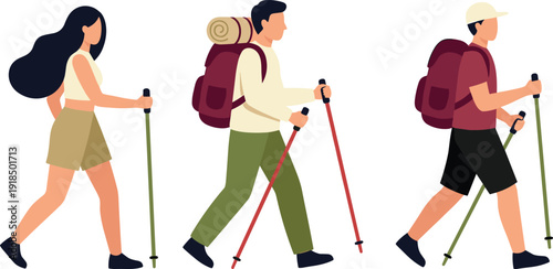 Flat vector illustration of hikers walking with backpacks and trekking poles, outdoor adventure people, camping travel lifestyle, hiking tourism concept isolated on white