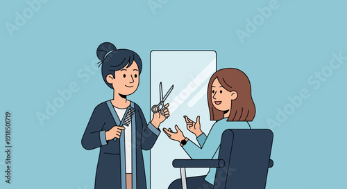 Hairdresser consulting with client in salon, holding scissors and comb by mirror