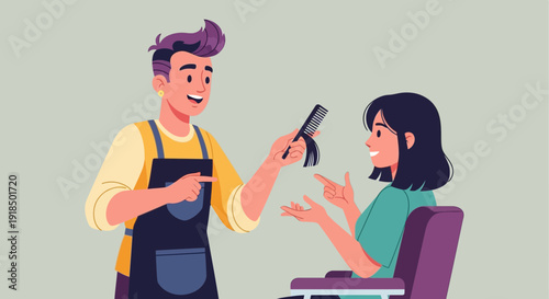 A friendly barber discusses a haircut with a smiling client in a salon, showing a comb with hair strands