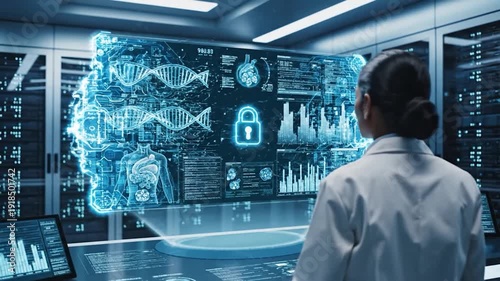 Female scientist interacts with a holographic display showing genetic data