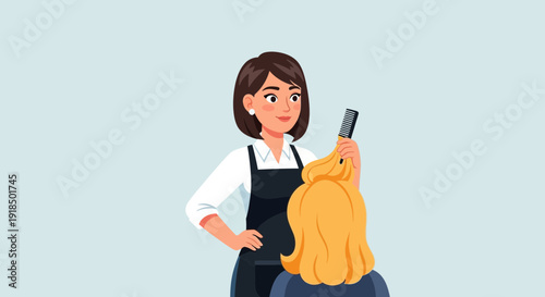 Friendly female hairdresser styling blonde hair with a comb in a salon setting