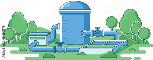 Flat vector illustration of water treatment plant system with tanks pipes and valves, eco friendly water purification infrastructure concept isolated on white background