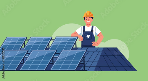 Solar power technician in uniform installs panels on rooftop, symbolizing clean energy solutions.