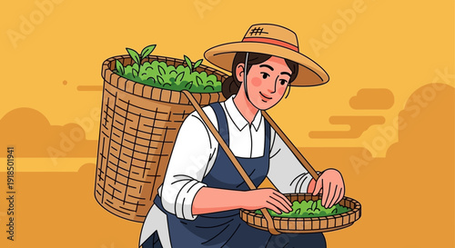 Smiling tea farmer with a large basket harvesting fresh green tea leaves in a rural setting