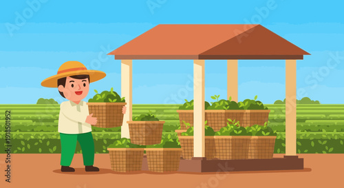 Farmer with basket of tea leaves at harvest time under a shelter