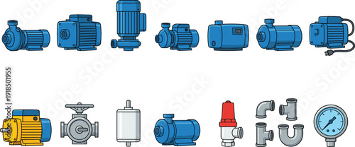 Industrial water pump and plumbing equipment illustration set featuring motors, valves, pipes, gauges and fittings for engineering, mechanical systems, fluid control and industrial infrastructure 