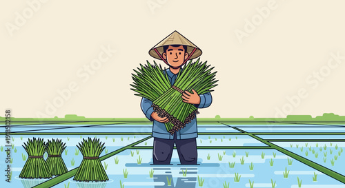Farmer Carrying Harvest of Rice Seedlings in Paddy Field