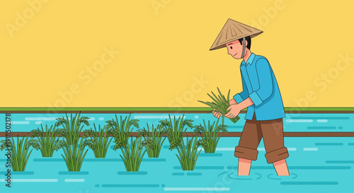 Asian farmer in conical hat harvesting rice in flooded paddy field, traditional agricultural scene