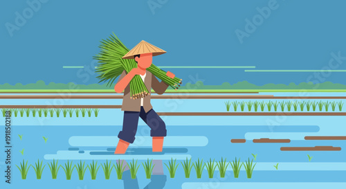 Farmer with Rice Seedlings Working in a Waterlogged Paddy Field Under a Blue Sky
