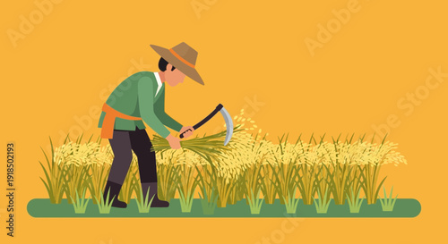 Farmer harvesting rice field with scythe under a warm yellow sky, showcasing traditional agriculture
