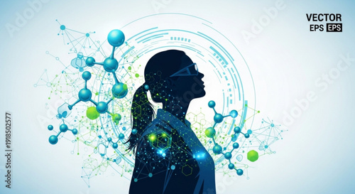 Woman in futuristic virtual reality glasses surrounded by glowing blue and green molecular structures and circuits on a gradient background